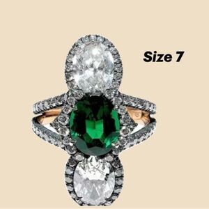 Emerald Green Triple-Stone Halo Ring